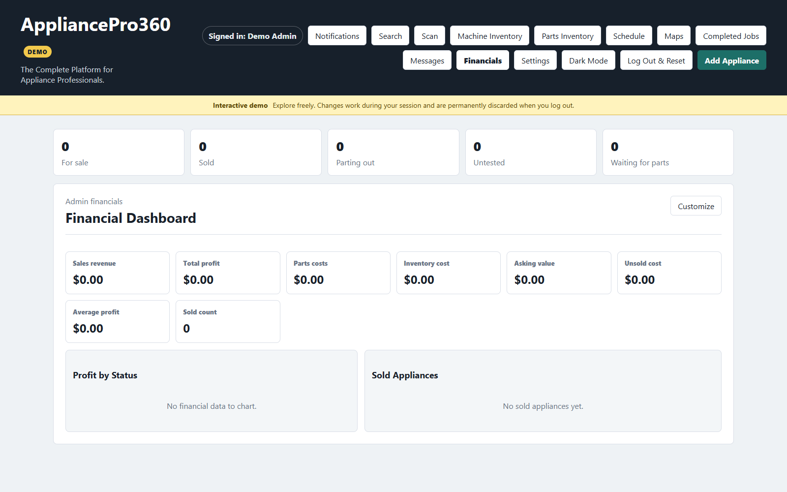 Live AppliancePro360 financial dashboard