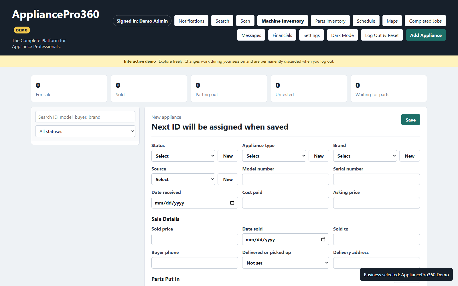Live AppliancePro360 demo machine inventory screen showing status totals and appliance editing fields