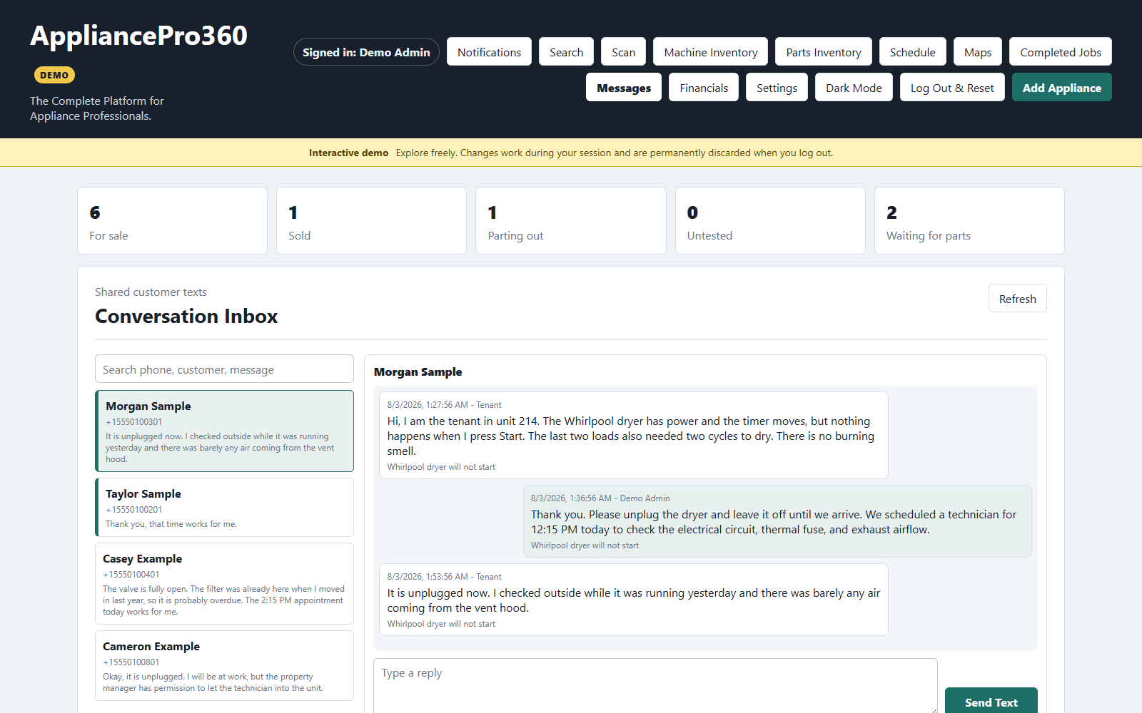 Live AppliancePro360 customer conversation inbox