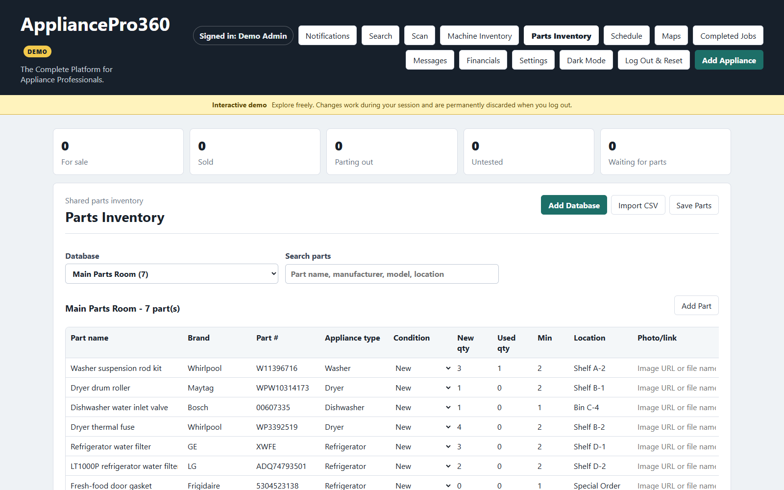 Live AppliancePro360 parts inventory screen