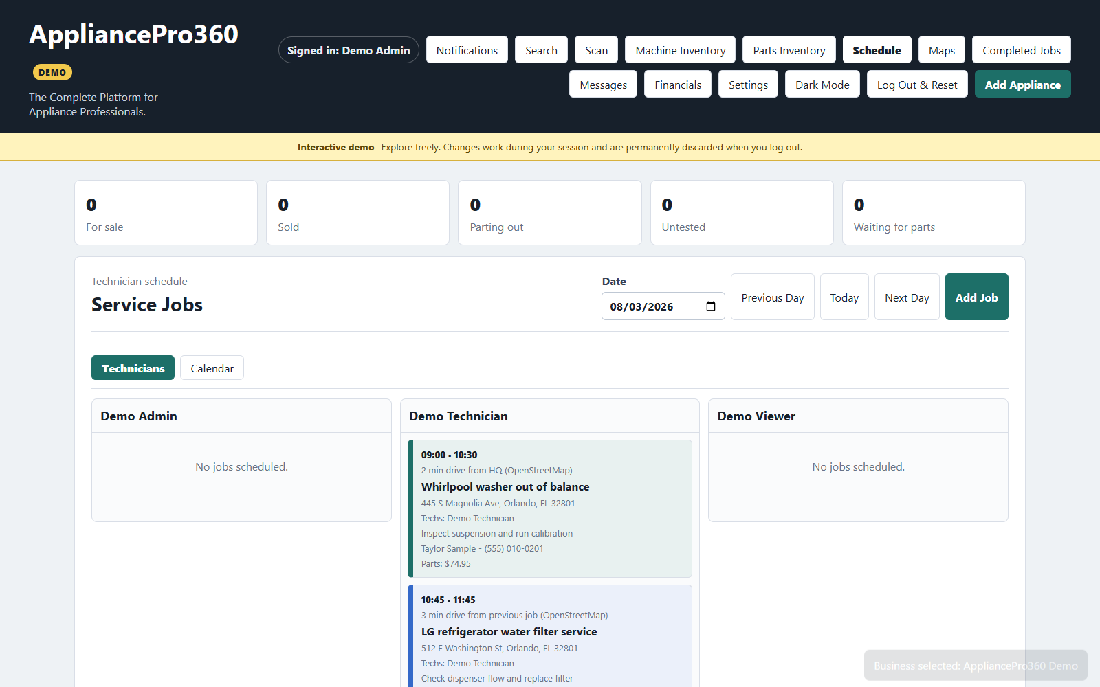 Live AppliancePro360 technician schedule screen