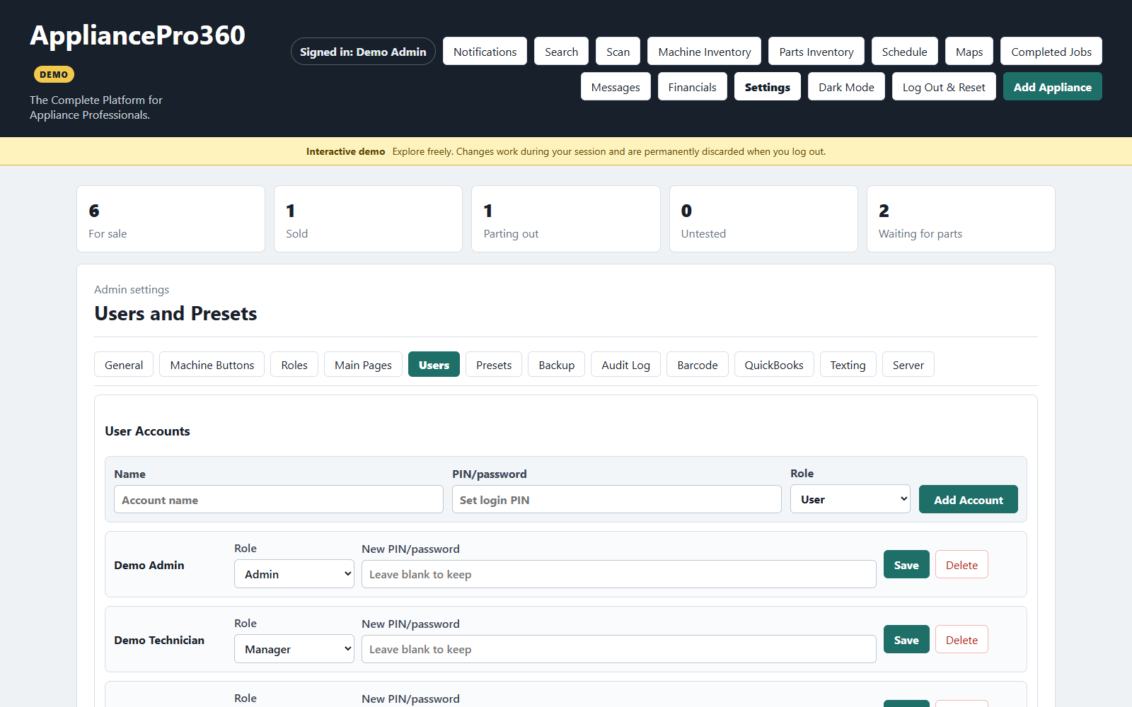 Live AppliancePro360 user accounts and roles screen