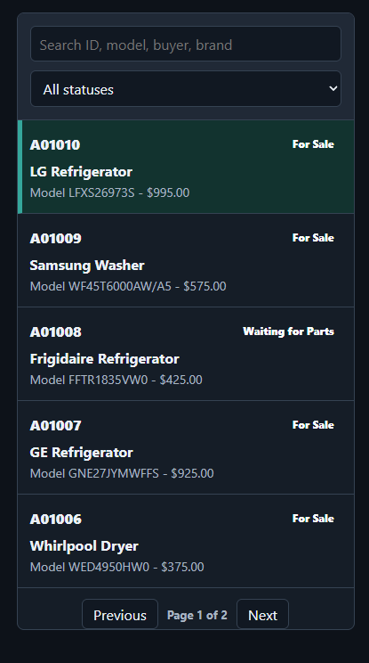 AppliancePro360 inventory list with appliance IDs, brands, prices, and statuses