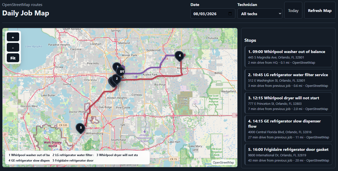 AppliancePro360 daily job map with optimized technician route and service stops