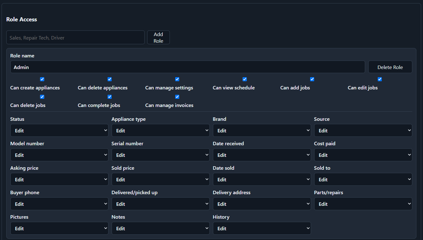 AppliancePro360 role access and field-level permissions