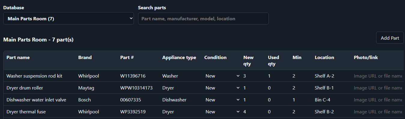 AppliancePro360 parts inventory list